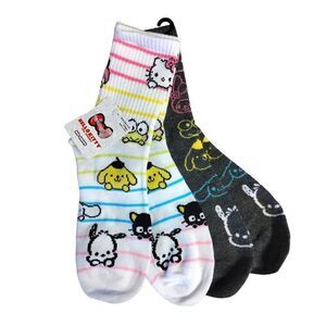 Hello Kitty and Friends 2 Pairs Grey Neon Prints Mid Crew Socks NWT